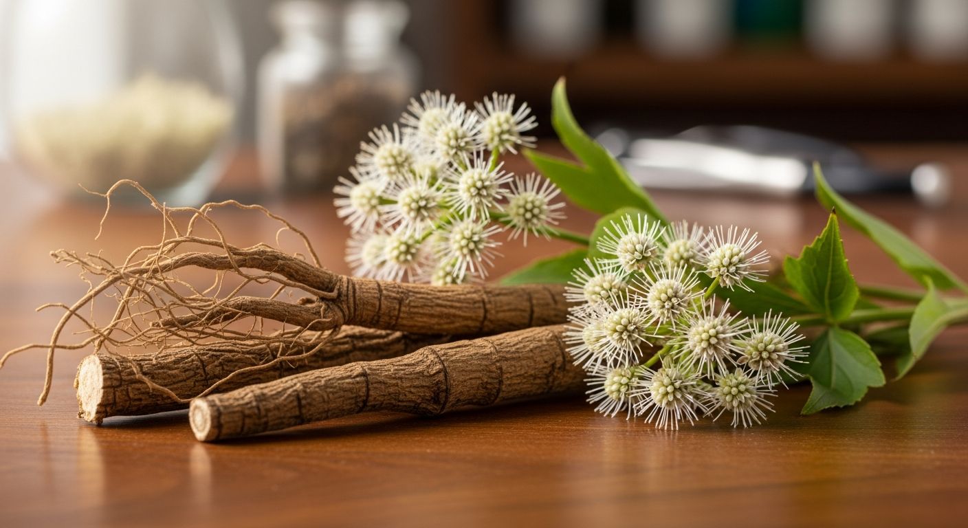 Raiz e flores de cimicífuga sobre superfície de madeira clara