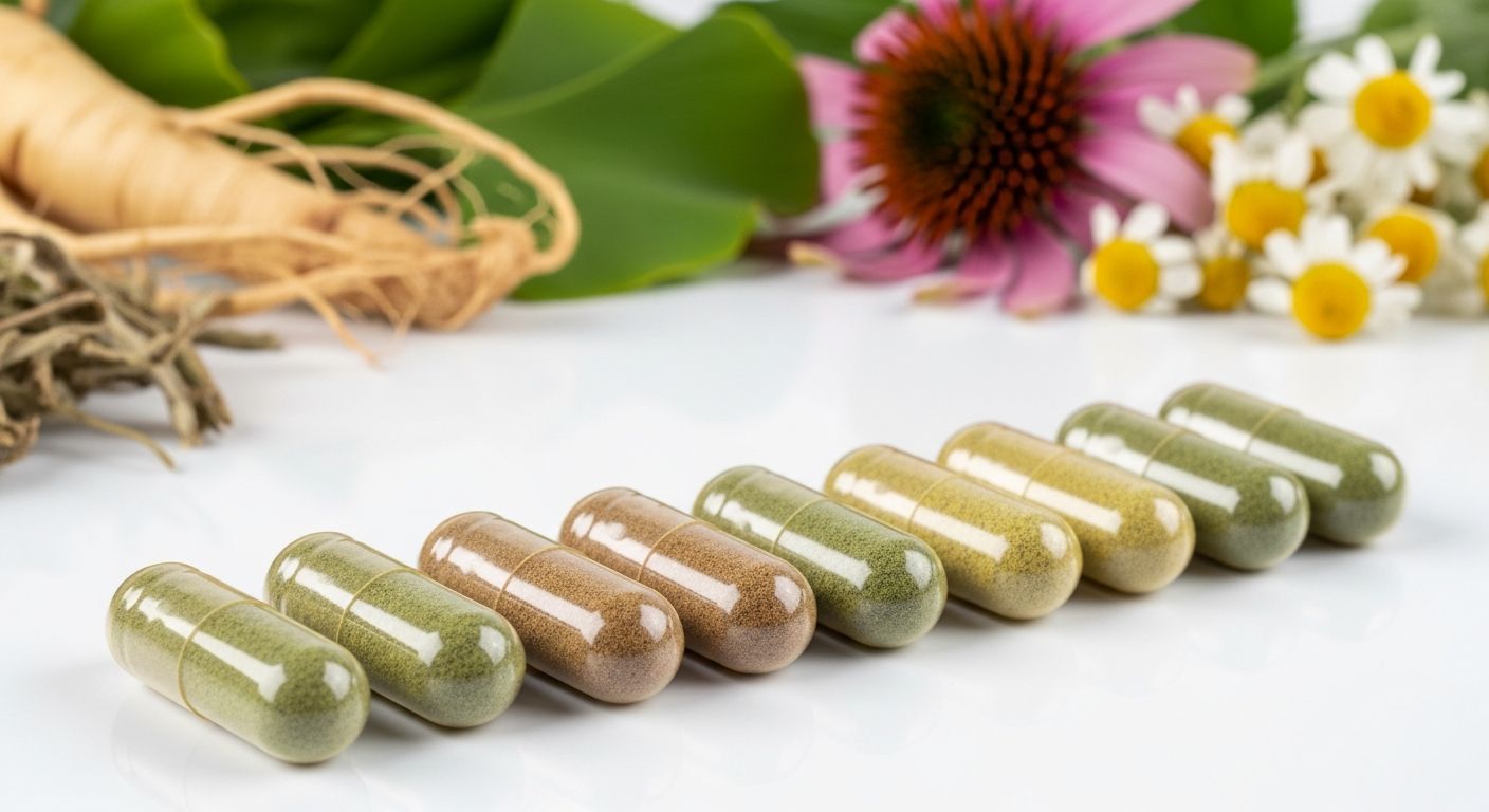 Cápsulas de extratos padronizados com plantas medicinais ao fundo