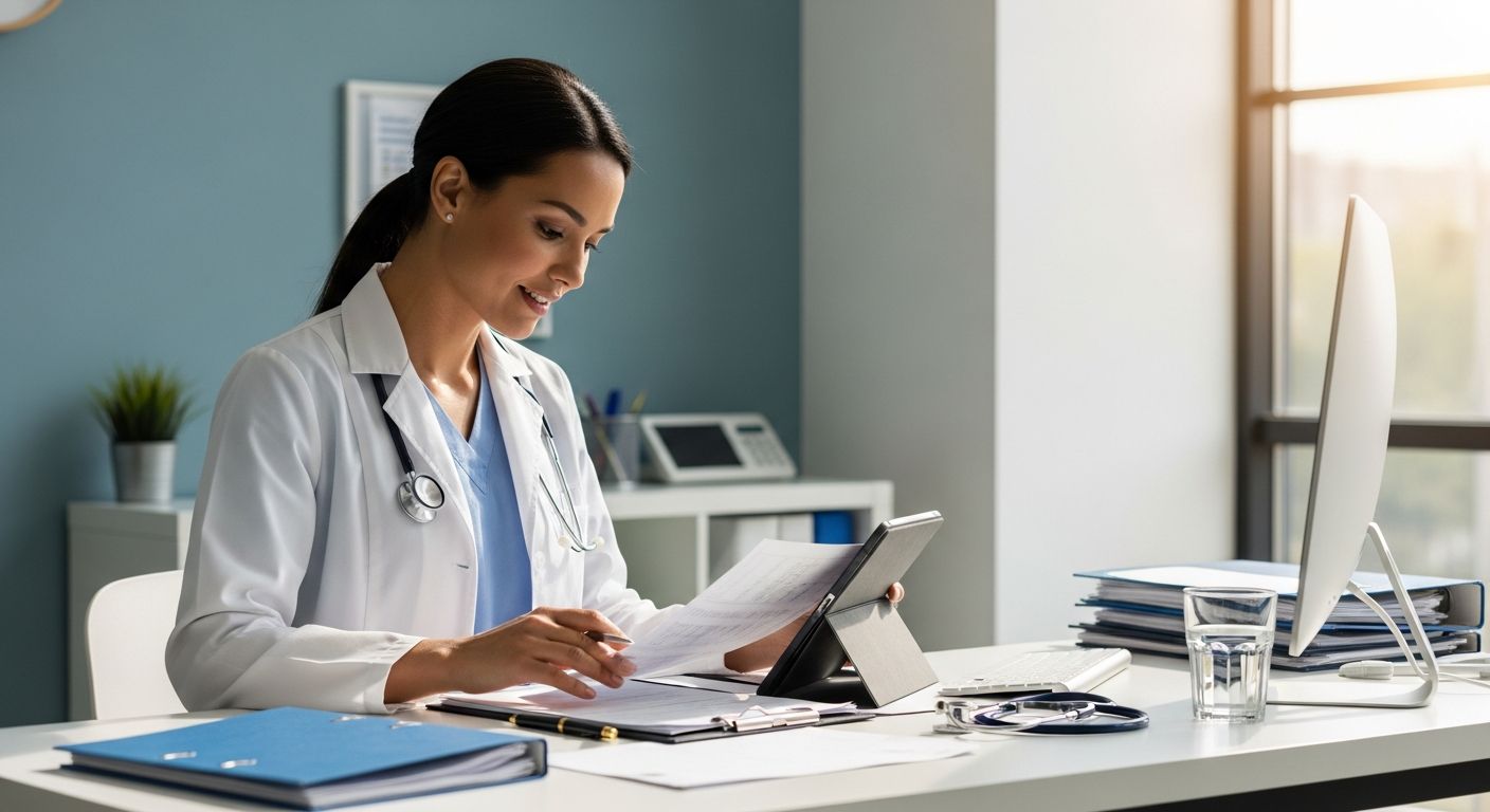 Profissional de saúde revisando prontuário em consultório moderno