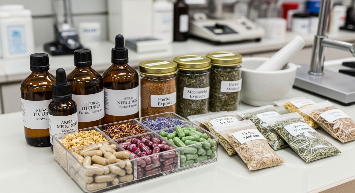 Diferentes formas farmacêuticas fitoterápicas sobre balcão de farmácia