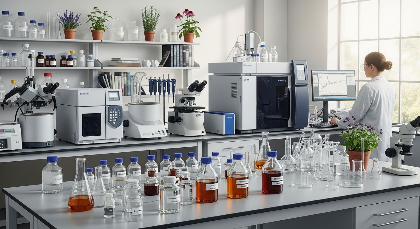 Laboratório de pesquisa com extratos vegetais em análise