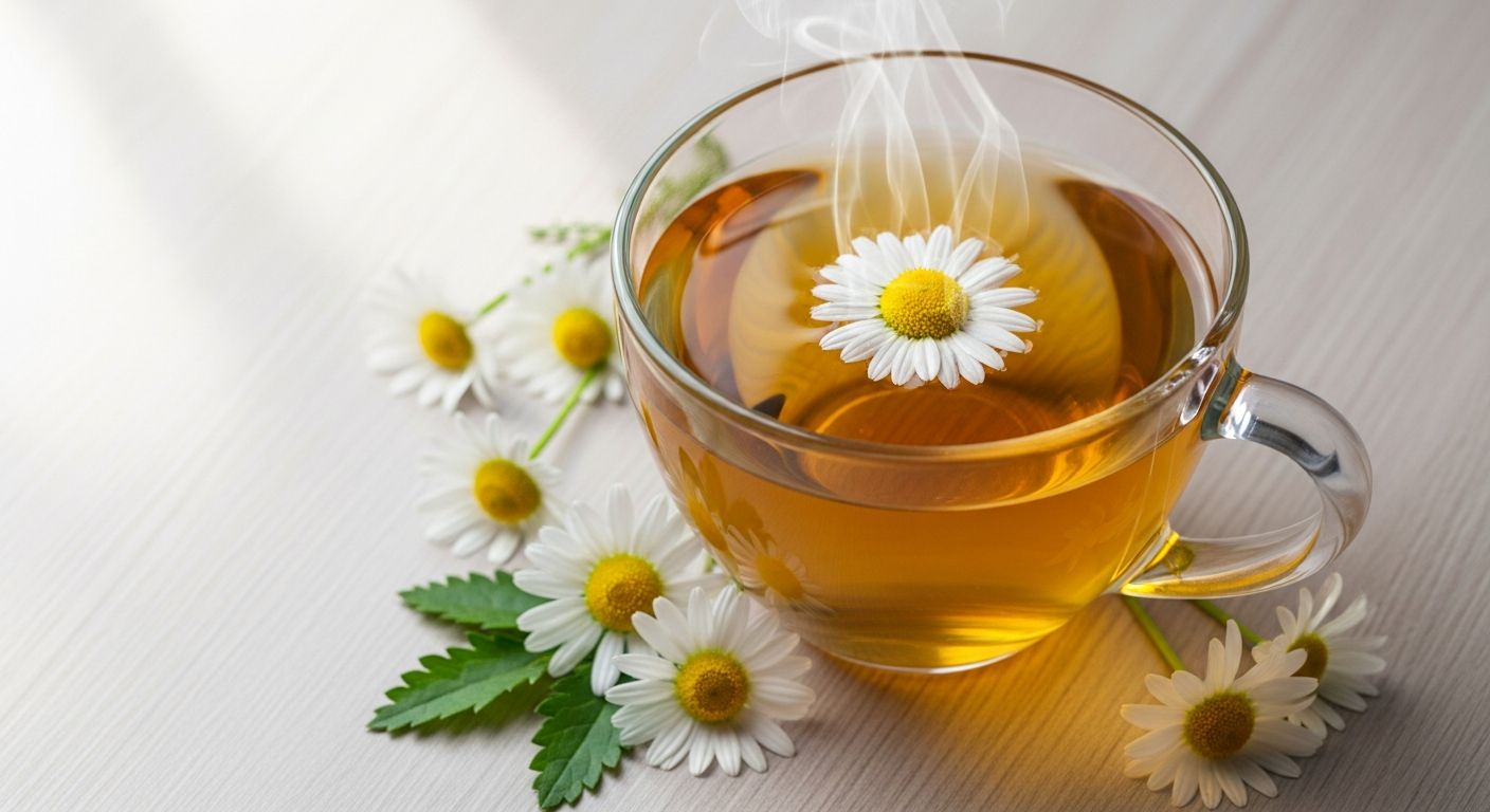 Xícara de chá de camomila com flores frescas sobre mesa de madeira