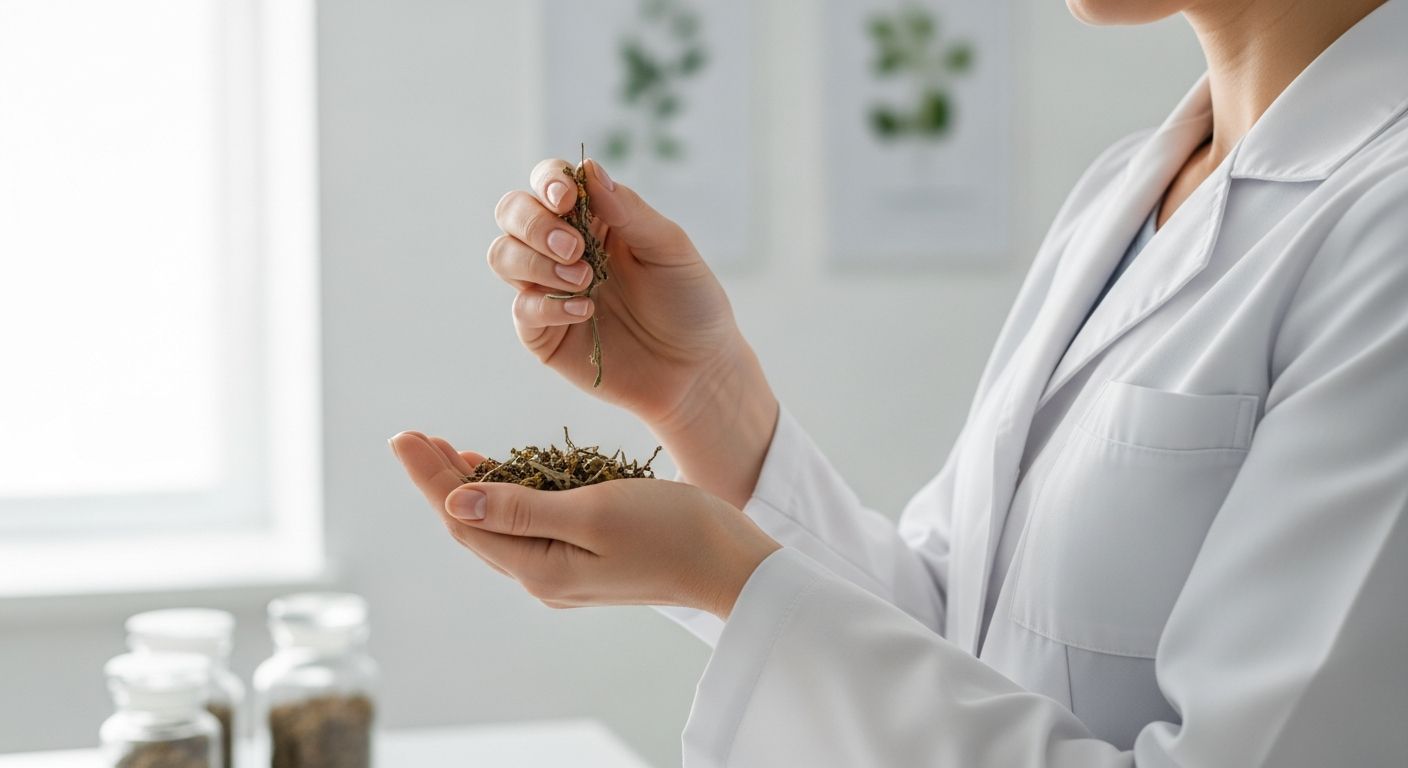 Profissional da saúde analisando ervas medicinais em ambiente clínico