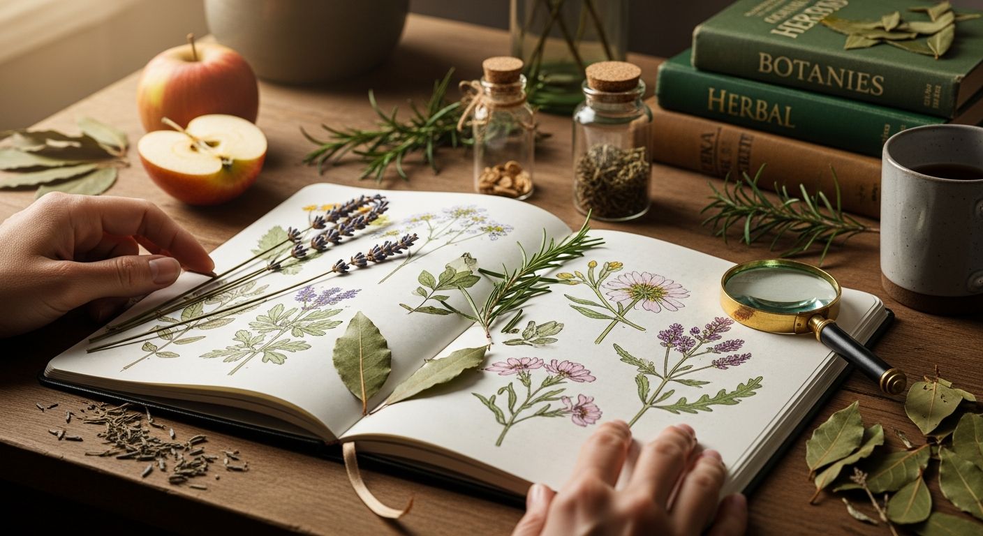 Caderno com anotações botânicas e ervas secas