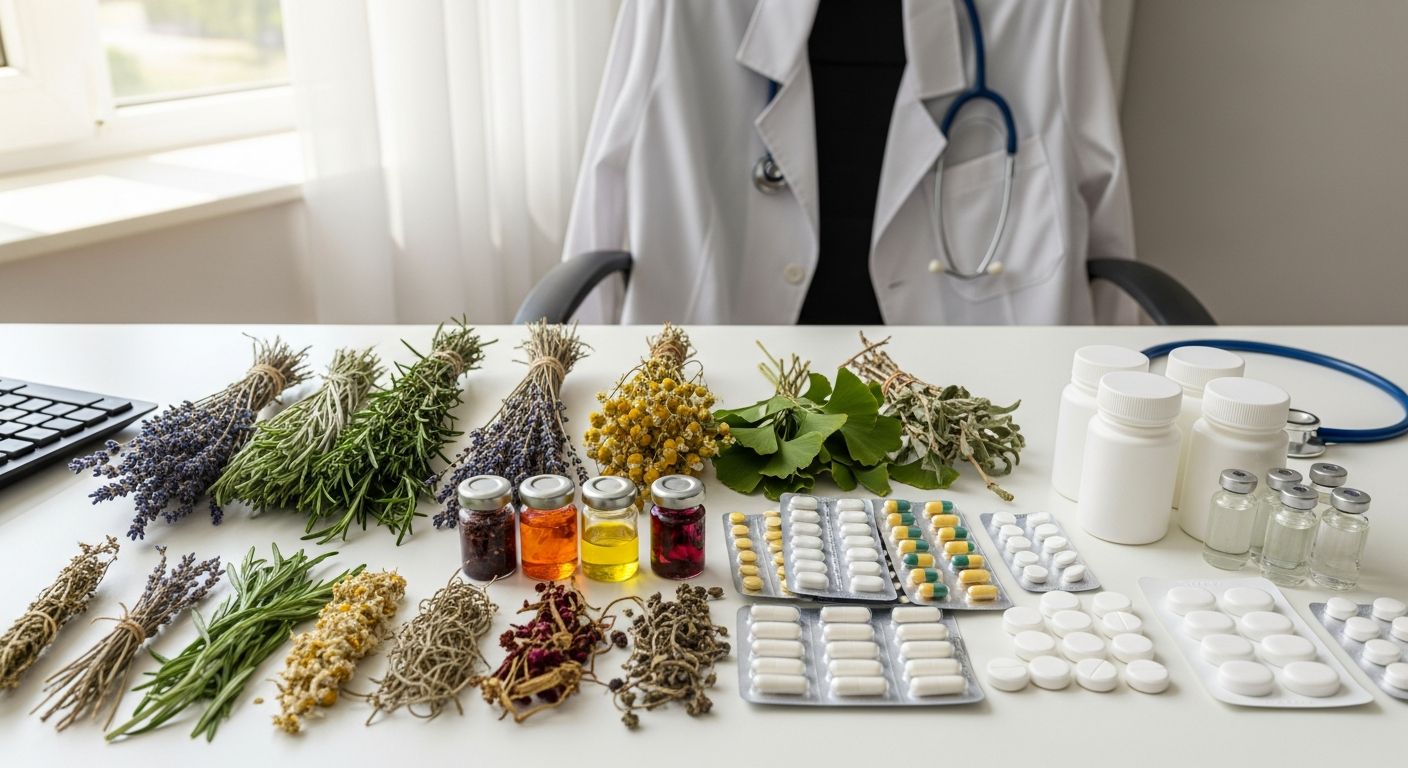 Plantas medicinais e formas farmacêuticas modernas lado a lado