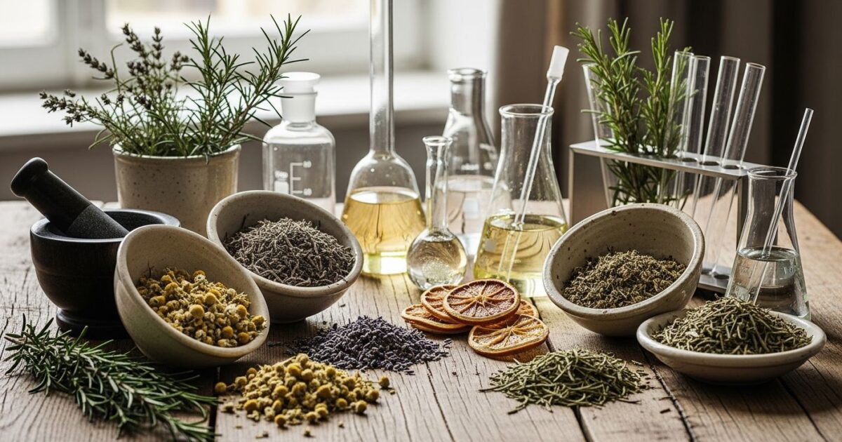 Plantas medicinais e instrumentos de laboratório representam a união entre tradição e ciência