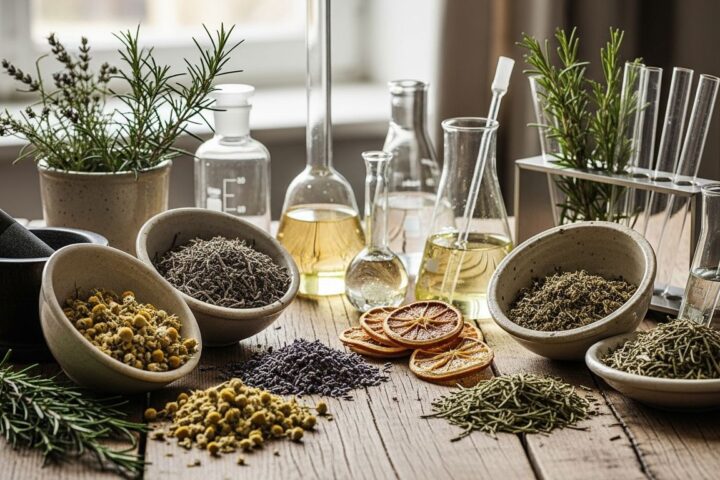 Plantas medicinais e instrumentos de laboratório representam a união entre tradição e ciência