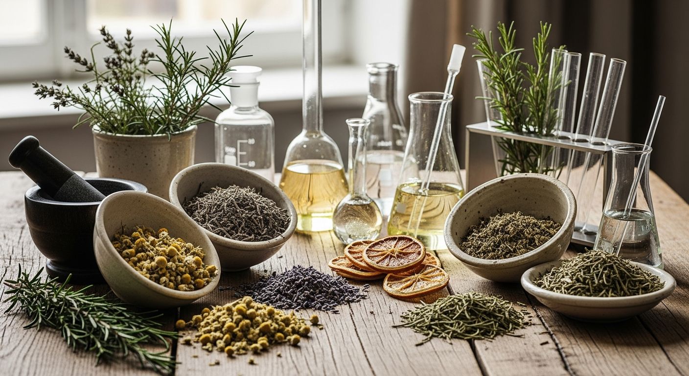 Plantas medicinais e instrumentos de laboratório representam a união entre tradição e ciência
