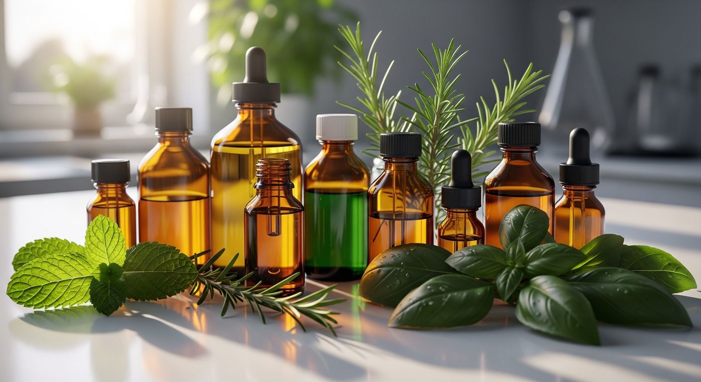 Extratos vegetais em frascos âmbar ao lado de folhas frescas
