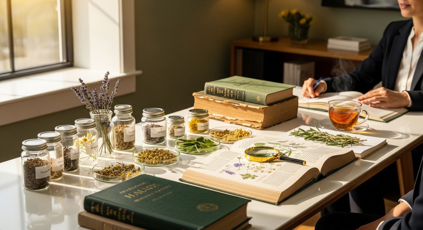 Materiais de consulta e amostras vegetais em ambiente de atendimento clínico