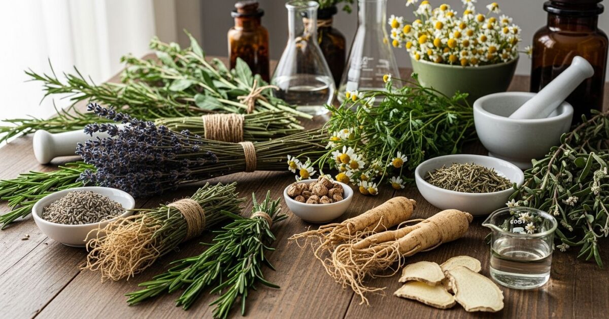 Ervas medicinais e raízes sobre mesa de madeira com luz natural