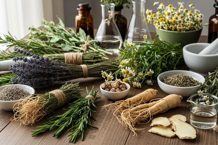 Ervas medicinais e raízes sobre mesa de madeira com luz natural