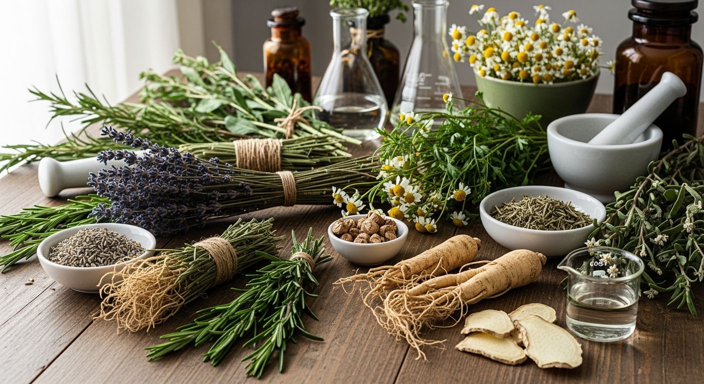 Ervas medicinais e raízes sobre mesa de madeira com luz natural
