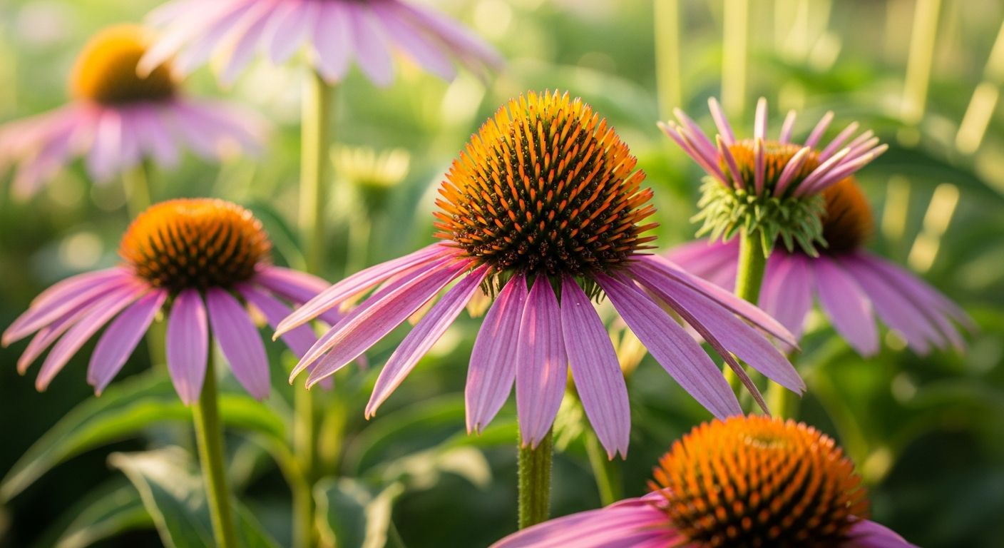 Flores de equinácea em luz natural suave