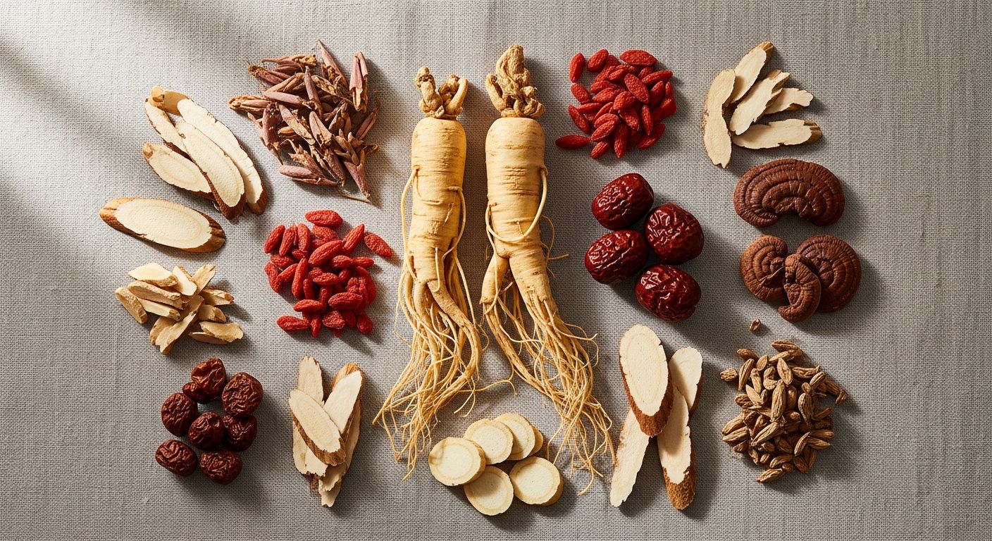 Raízes de ginseng e ervas secas sobre tecido de linho natural