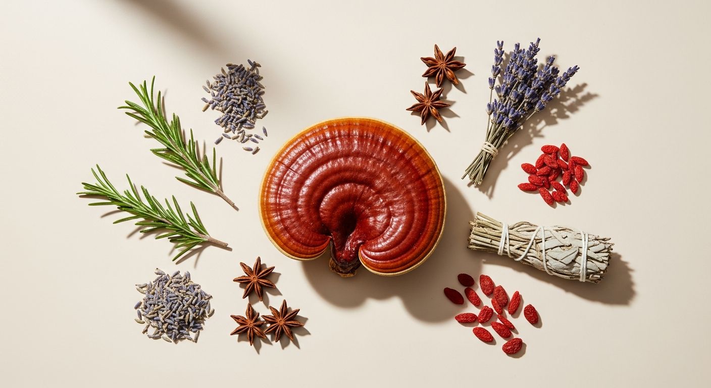 Cogumelo reishi e ervas medicinais sobre fundo neutro