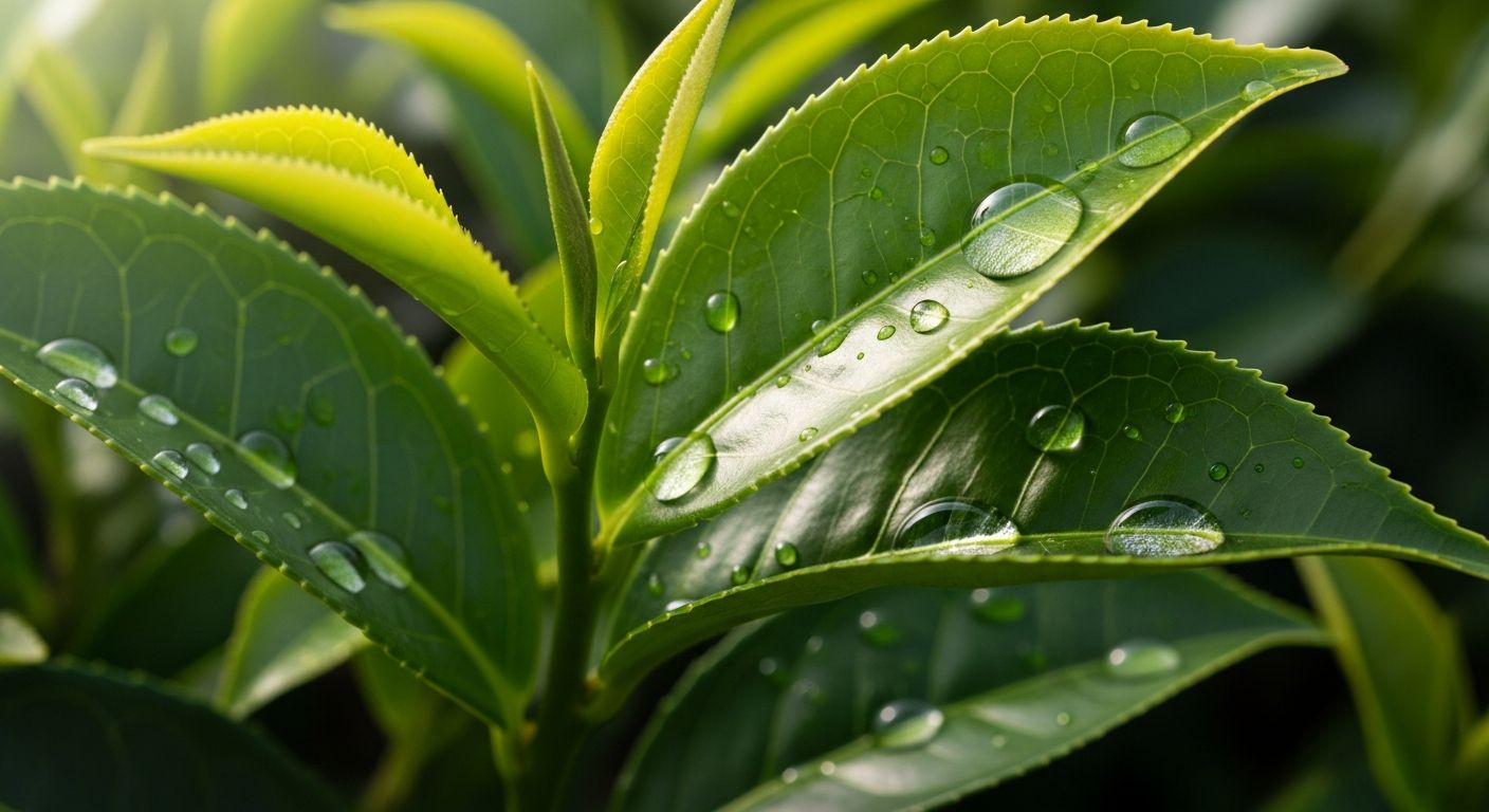Folhas de Camellia sinensis, planta do chá verde