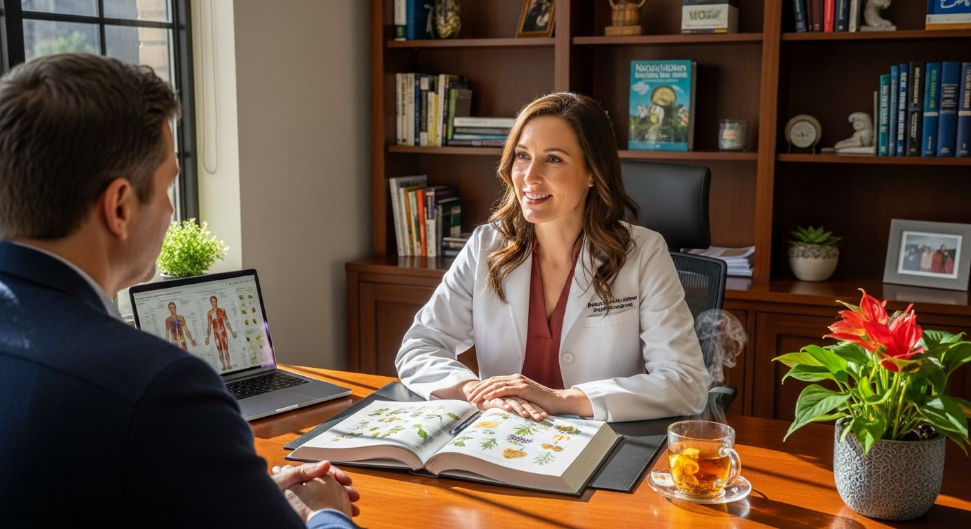 Consulta profissional com livros de fitoterapia ao fundo