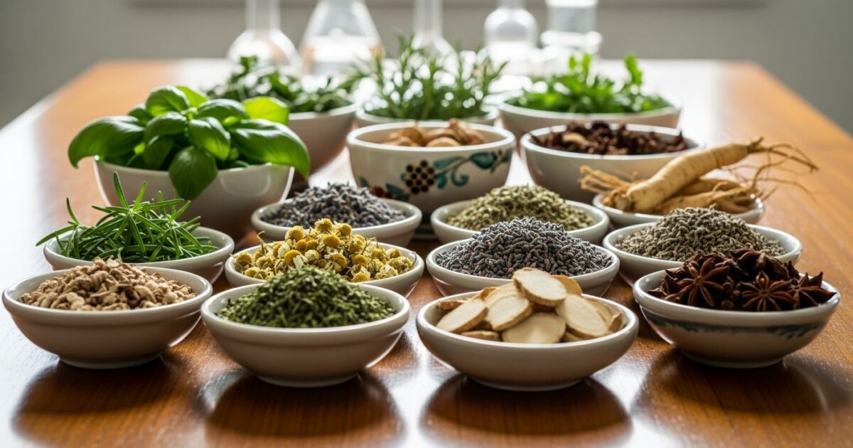 Mesa com ervas medicinais organizadas em pequenos recipientes