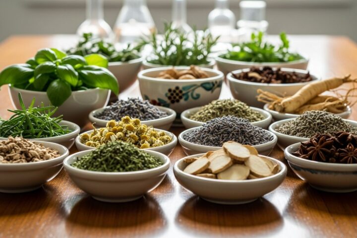 Mesa com ervas medicinais organizadas em pequenos recipientes