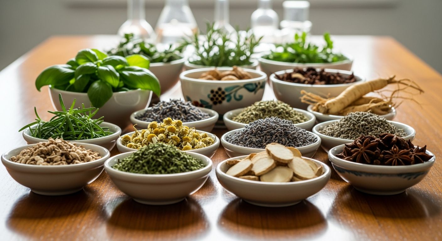 Mesa com ervas medicinais organizadas em pequenos recipientes