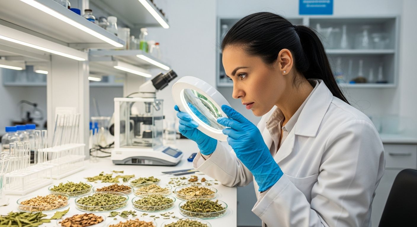 Farmacêutico verificando qualidade de material vegetal com lupa