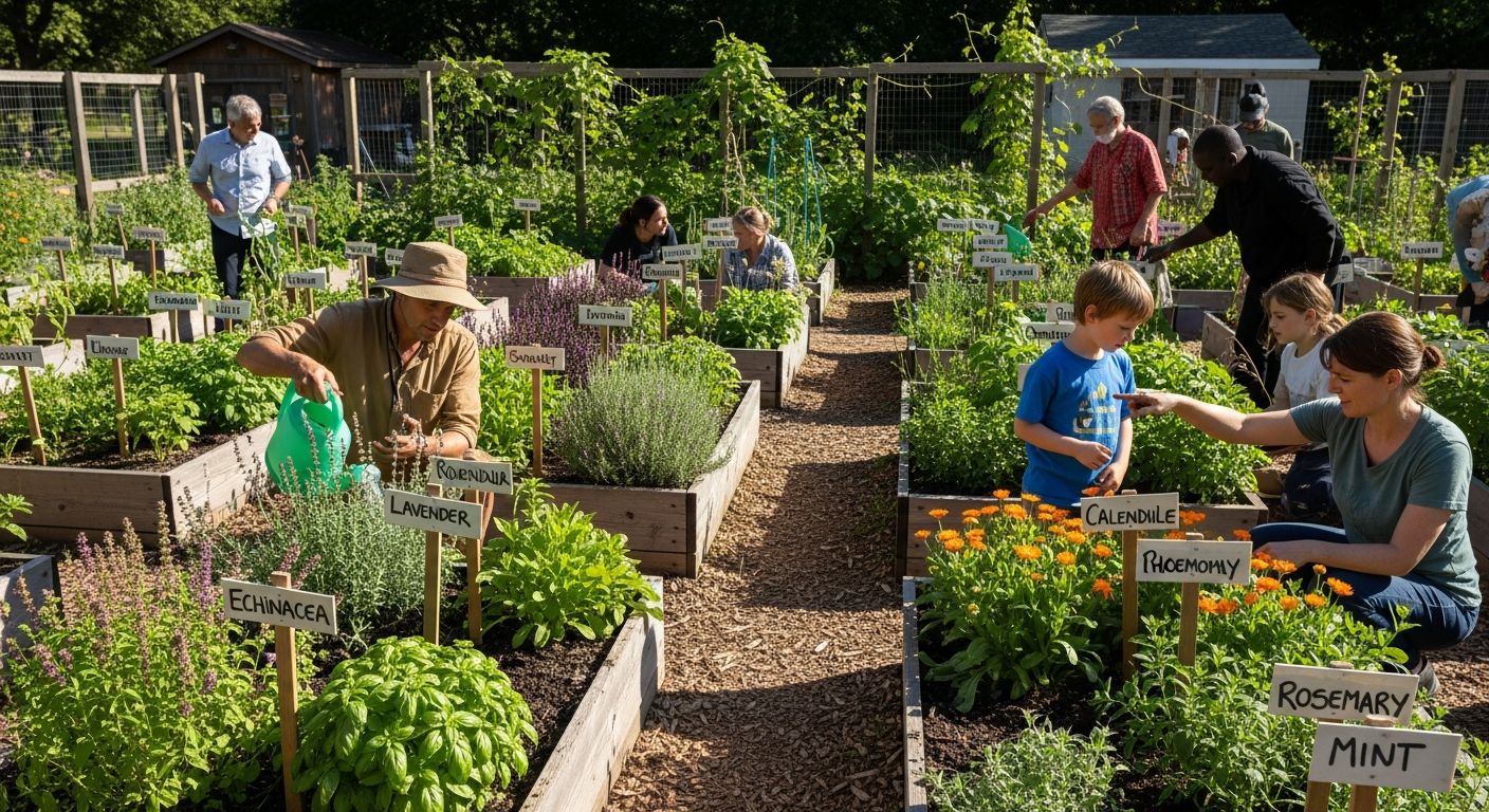 Horta comunitária de plantas medicinais com identificação botânica