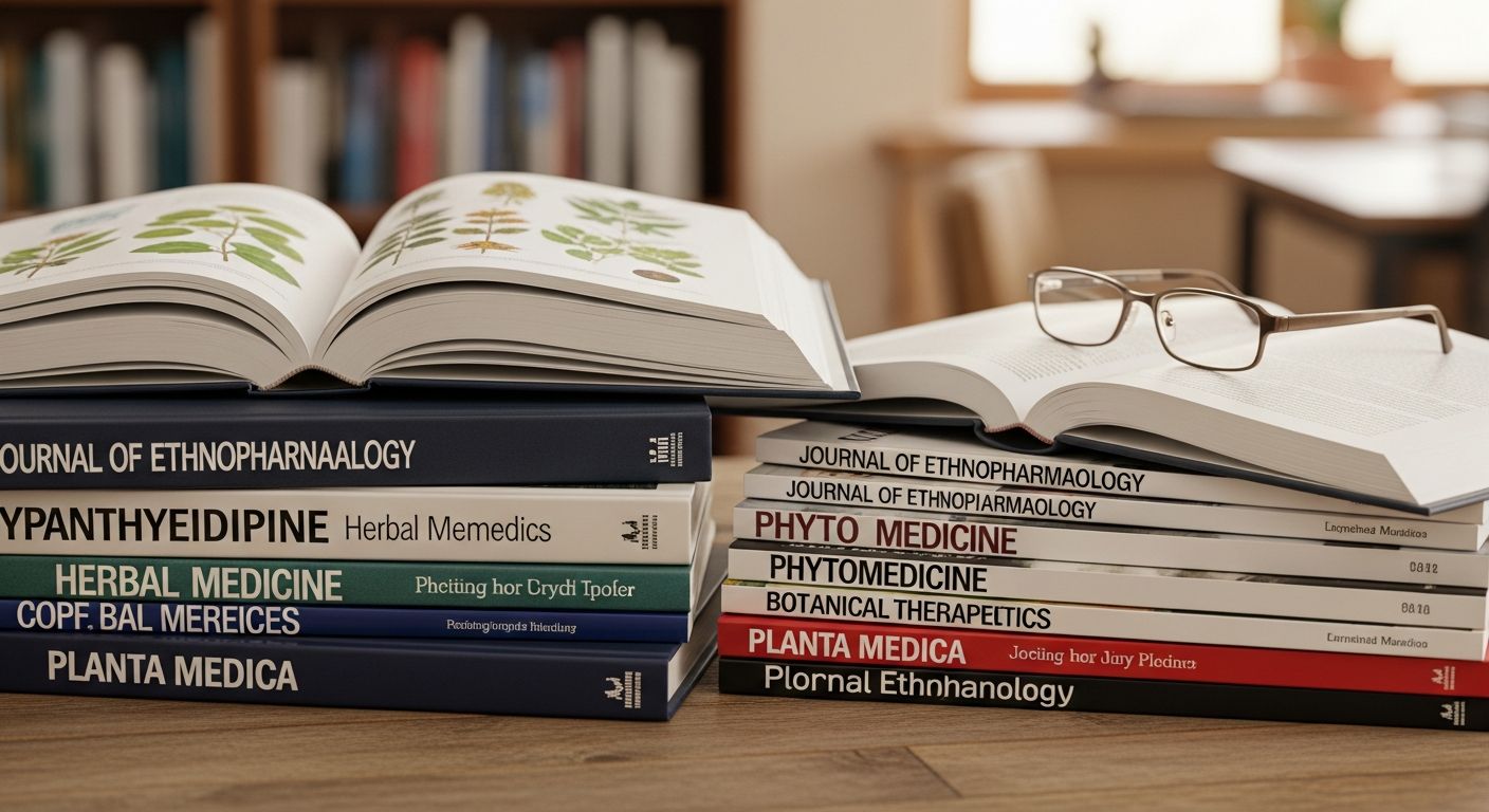 Pilha de livros e periódicos científicos sobre fitoterapia em mesa de estudos