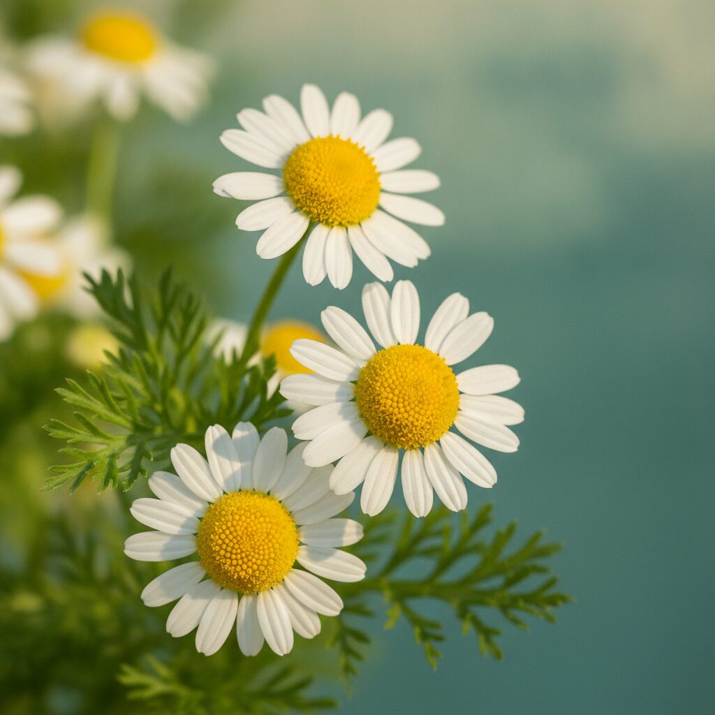 Flores de camomila (Matricaria chamomilla) em detalhe