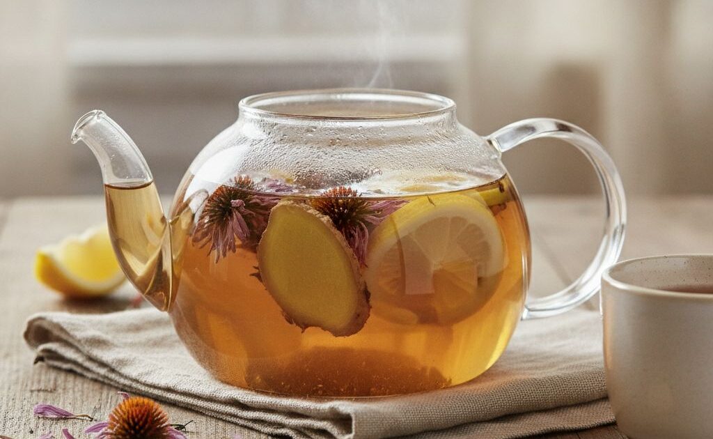 Chá medicinal com gengibre, equinácea e limão em bule de vidro