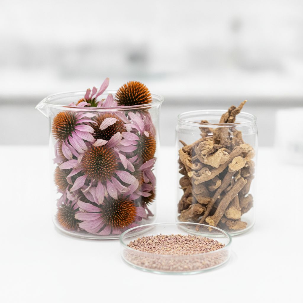 Flores e raízes secas de Echinacea purpurea em recipientes de vidro