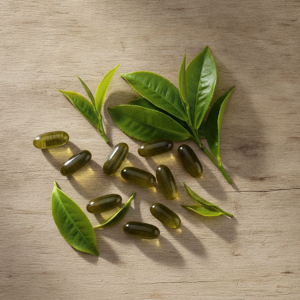 Cápsulas de extrato de chá verde e folhas frescas sobre mesa de madeira