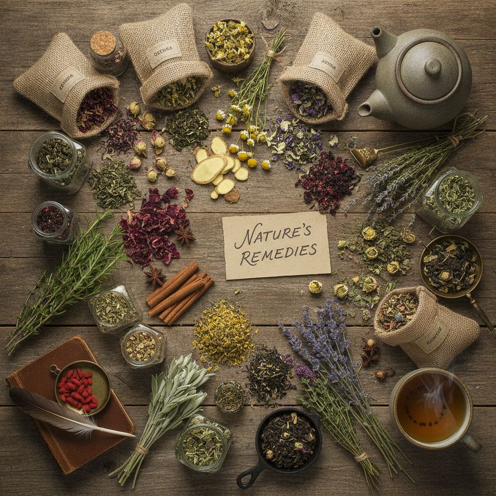 Variedade de ervas medicinais e chás sobre fundo rústico de madeira