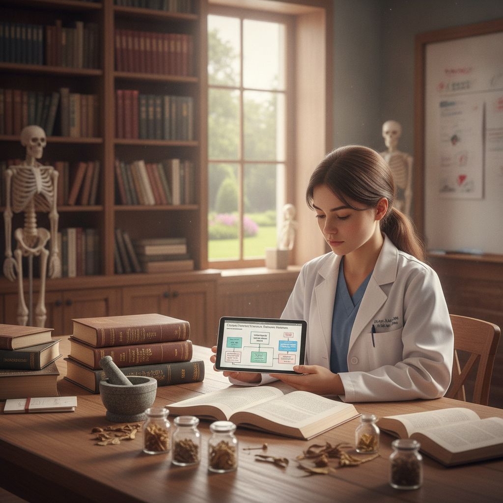 Profissional estudando protocolos clínicos com livros de fitoterapia