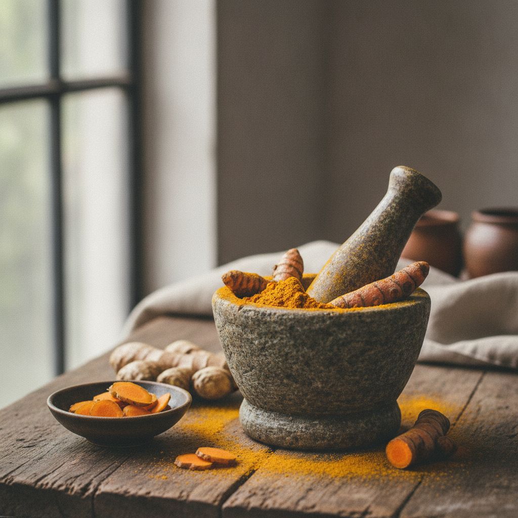 Pilão com pó de cúrcuma e rizomas sobre mesa rústica