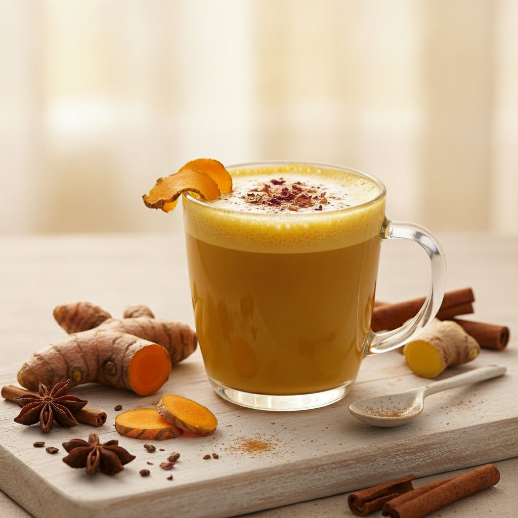 Bebida de cúrcuma (golden milk) em copo de vidro com rizoma fresco