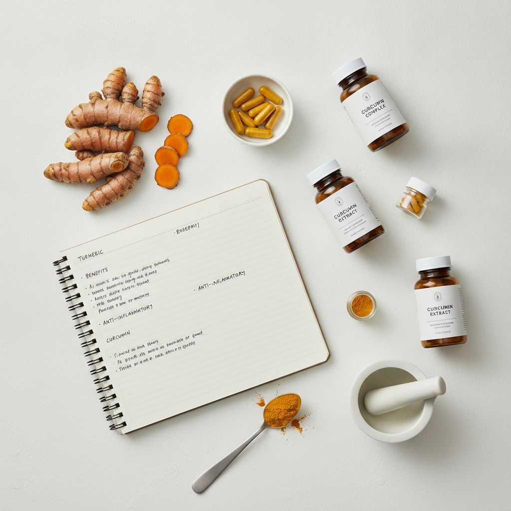 Caderno com anotações sobre cúrcuma, rizoma e suplementos sobre mesa branca