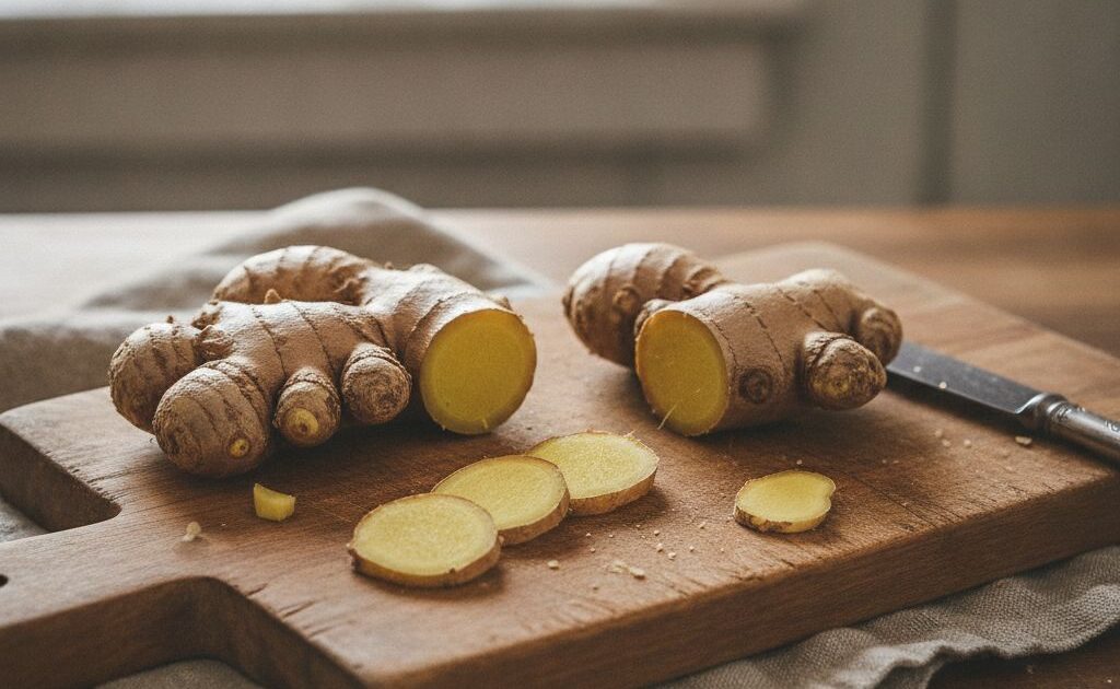 Rizoma fresco de gengibre em tábua de madeira com fatias