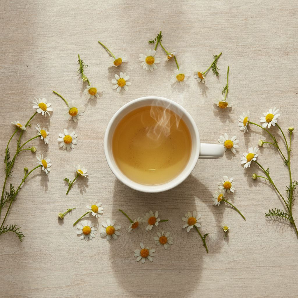 Flores de camomila e xícara mostrando os chá de camomila benefícios