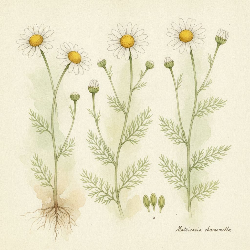 Ilustração botânica de Matricaria chamomilla com flores e folhas