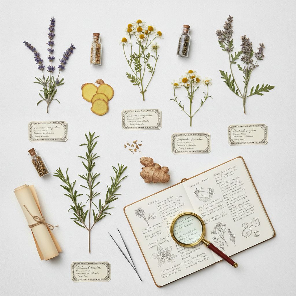 Espécimes de plantas medicinais com identificação botânica