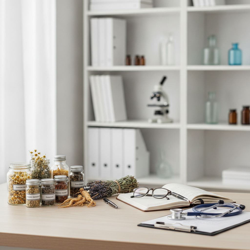 Mesa de consultório com ervas medicinais, caderno e estetoscópio com foco em chá para dor de garganta