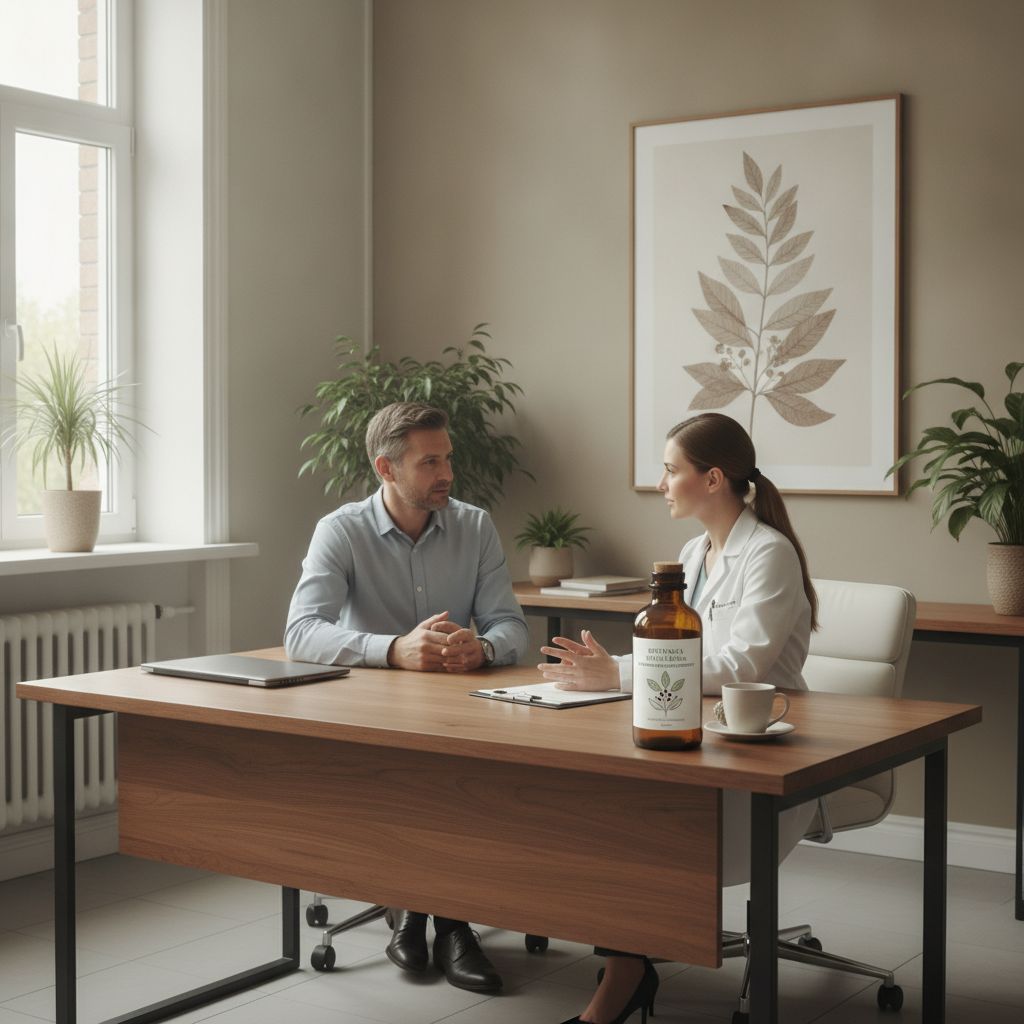Consulta clínica com suplemento fitoterápico sobre a mesa