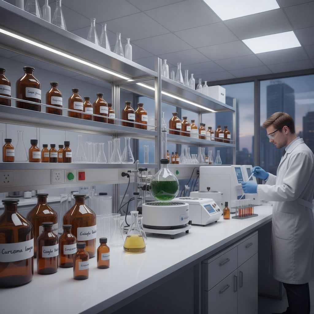 Extratos de plantas medicinais em frascos âmbar em laboratório