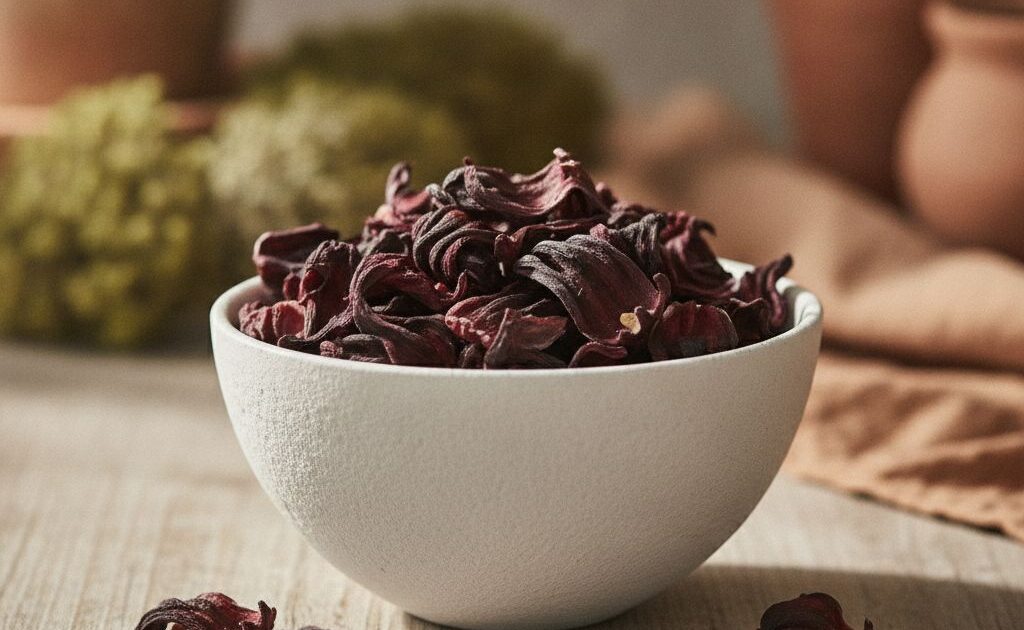 Flores secas de hibisco (Hibiscus sabdariffa) em tigela branca com foco em hibisco benefícios