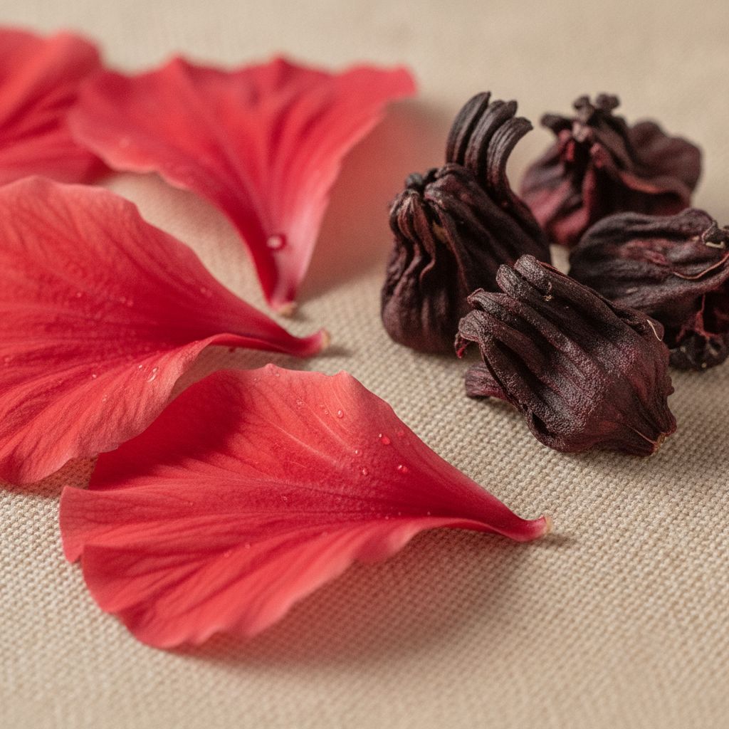 Pétalas frescas e cálices secos de hibisco sobre fundo neutro