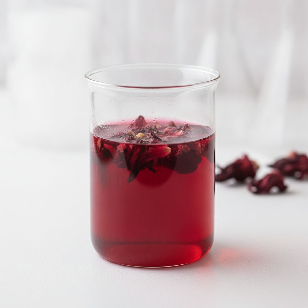 Infusão de hibisco em béquer de laboratório sobre superfície branca