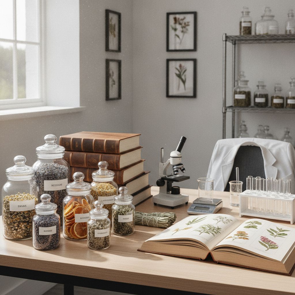 Ervas secas em recipientes de vidro e livros técnicos sobre mesa de trabalho com foco em hibisco benefícios