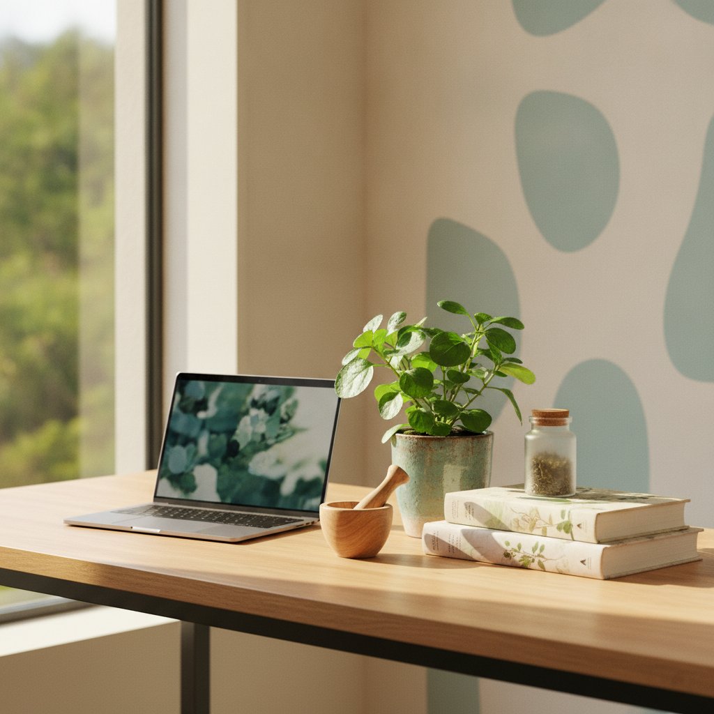Mesa de estudos com livros de fitoterapia e planta de boldo com foco em boldo benefícios