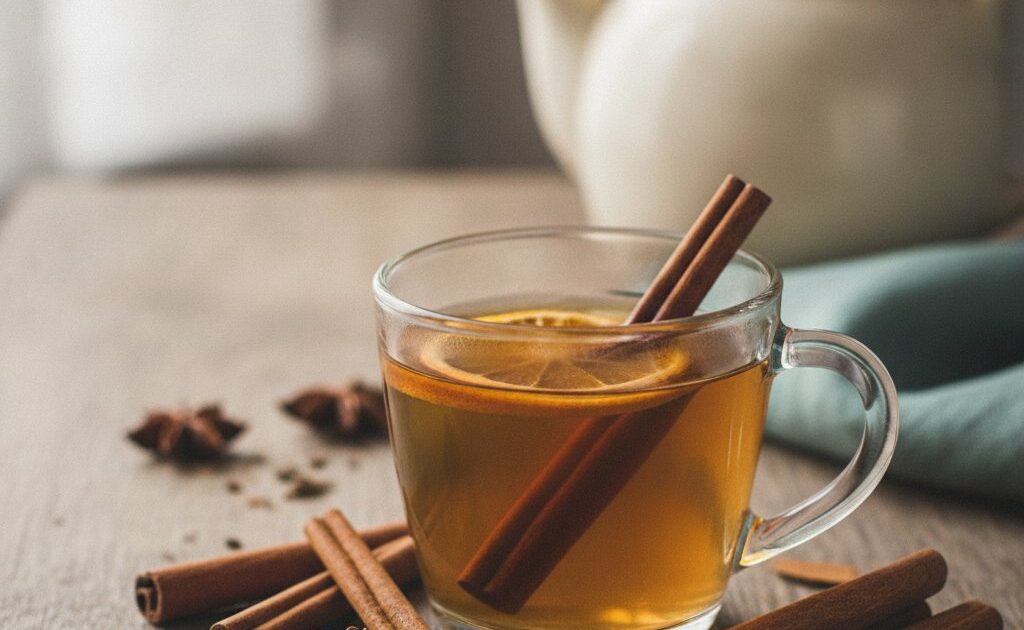Chá de canela servido em xícara de vidro com paus de canela ao lado